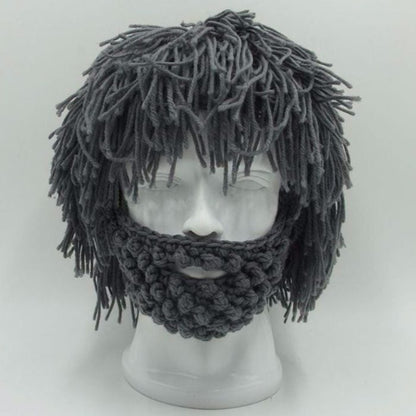 Punk Style Beanie with Attached Straight Hair Wig and Knitted Beard