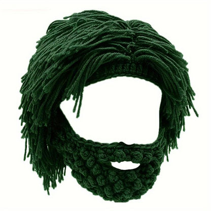 Punk Style Beanie with Attached Straight Hair Wig and Knitted Beard