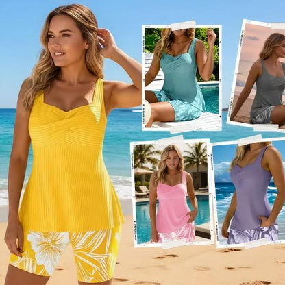 🔥🔥🔥Two-piece Body Covering Surplice Tankini Printed Boxer Swimsuit