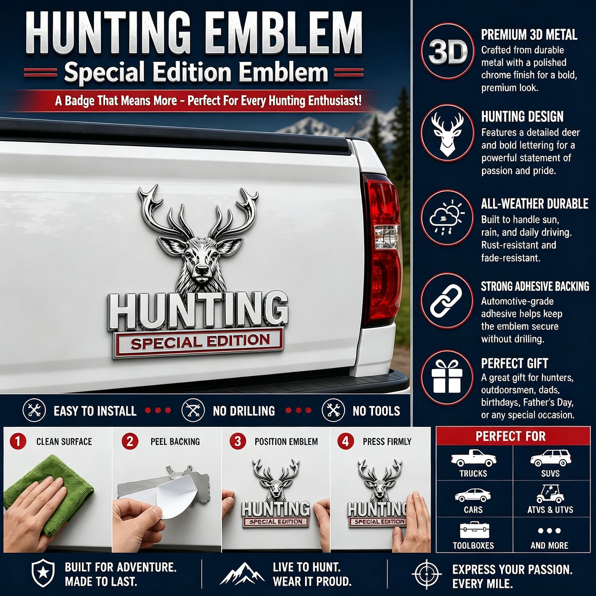 🦌 Premium 3D Deer Emblem Sticker – Upgrade Your Vehicle With Outdoor Style