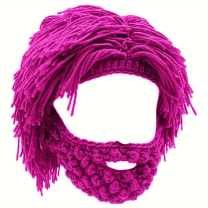 Punk Style Beanie with Attached Straight Hair Wig and Knitted Beard