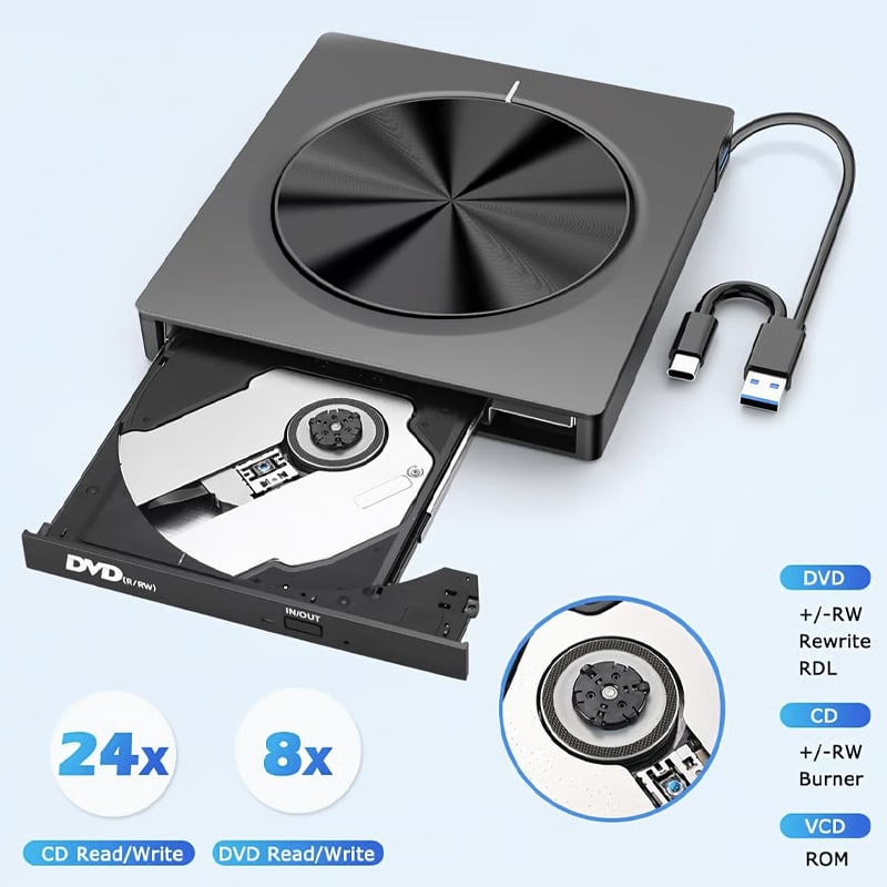 USB 3.0/SD/TF/DVD/CD/VCD/Type-C Player Portable Burner Support Blu-Rays