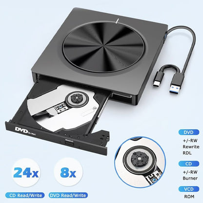 USB 3.0/SD/TF/DVD/CD/VCD/Type-C Player Portable Burner Support Blu-Rays
