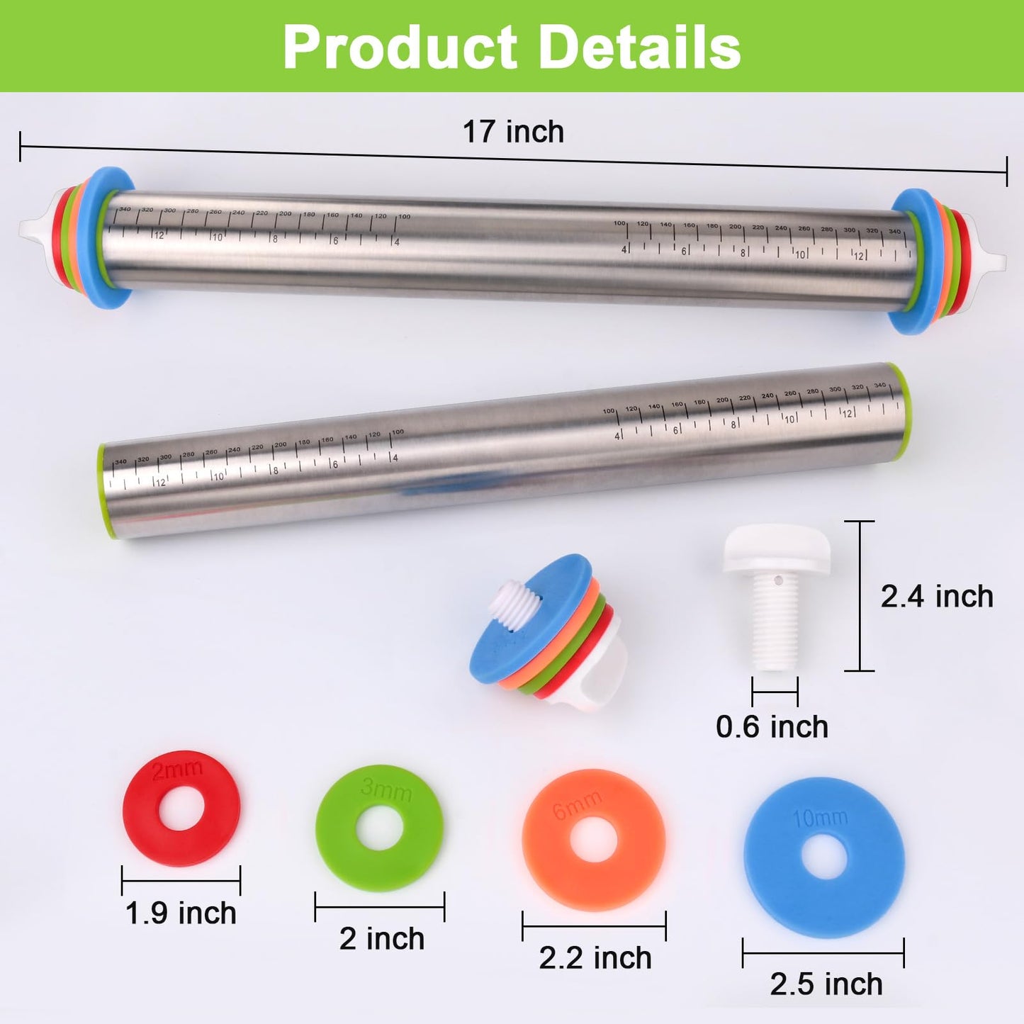 🔥Adjustable Stainless Steel Rolling Pin with Thickness Rings