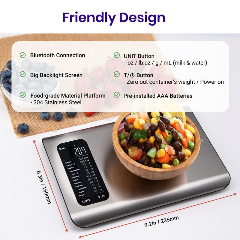 ✨AI Smart Food Scale | 19 Nutrient Facts Auto Scan | Digital Calorie Counter for Meal Prep & Fitness | Compact Stainless Design