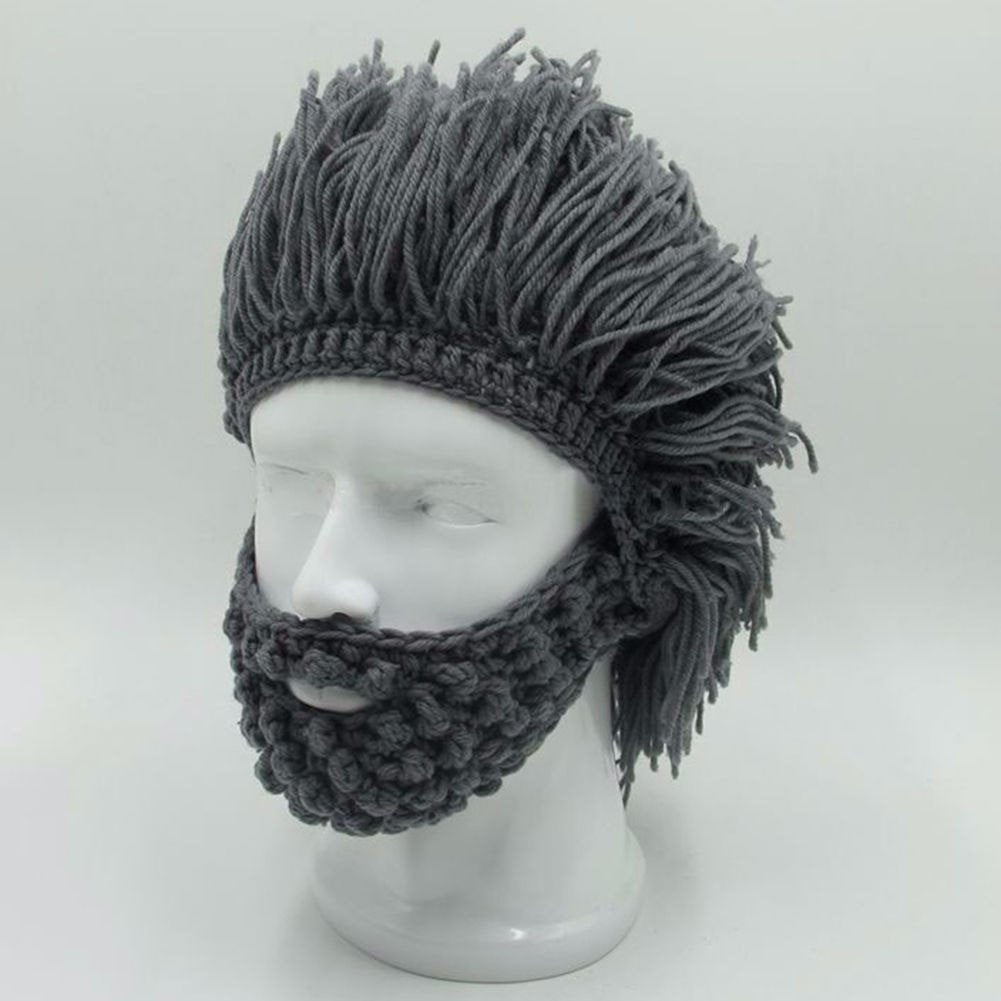 Punk Style Beanie with Attached Straight Hair Wig and Knitted Beard
