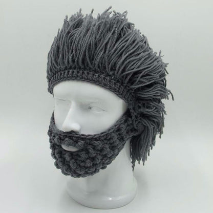 Punk Style Beanie with Attached Straight Hair Wig and Knitted Beard