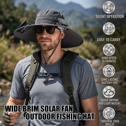 Wide Brim Solar Fan Outdoor Fishing Hat-Solar & USB Charging