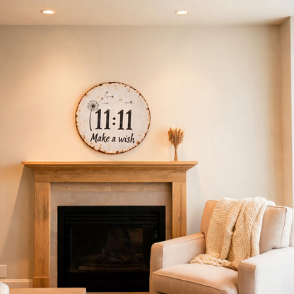 Circular rustic metal sign with dandelion 11:11 make a wish design