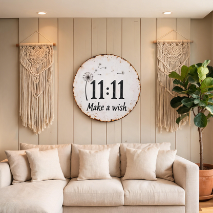 Circular rustic metal sign with dandelion 11:11 make a wish design
