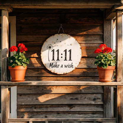 Circular rustic metal sign with dandelion 11:11 make a wish design