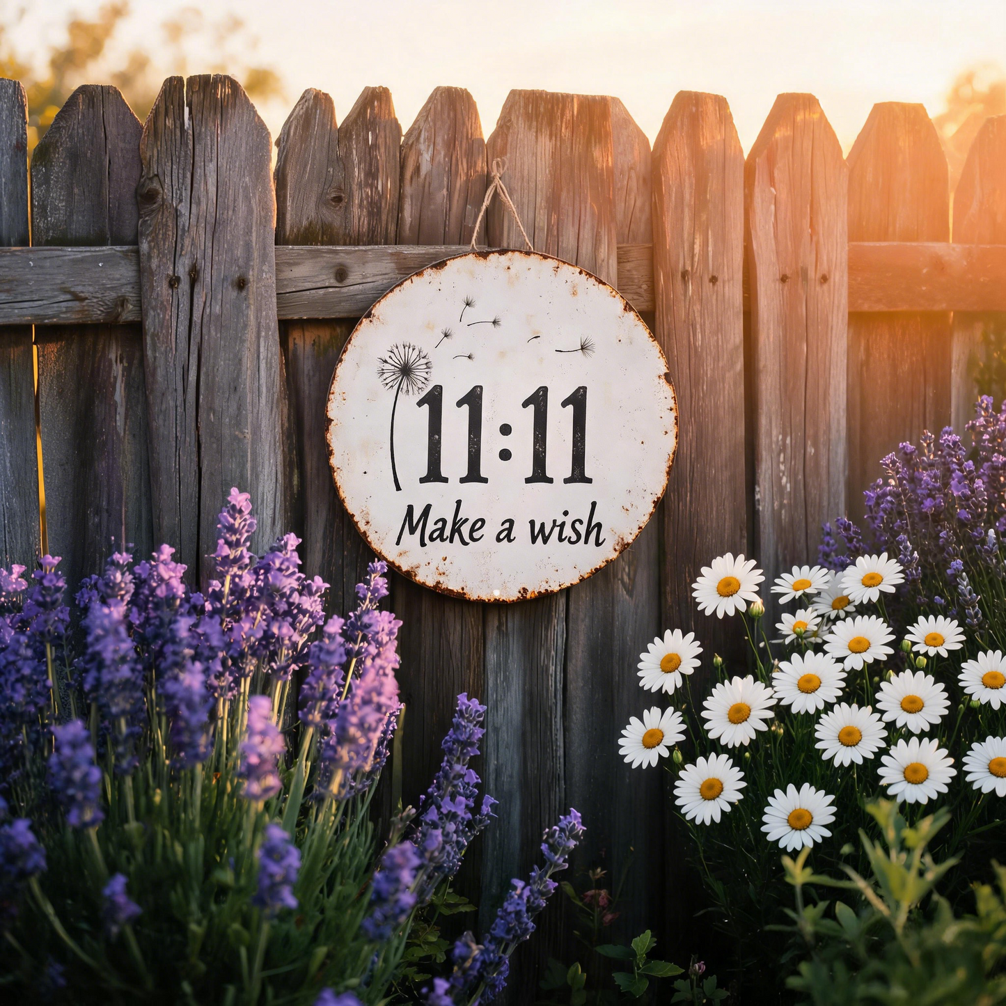 Circular rustic metal sign with dandelion 11:11 make a wish design